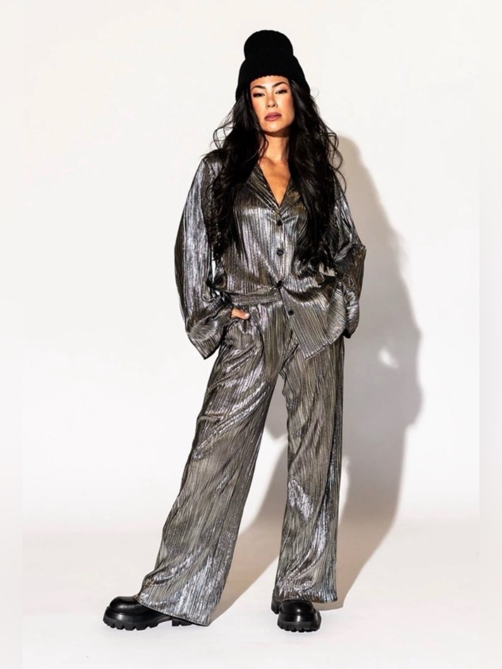 Dressed In LALA, Long Sleeve Metallic Plissé Set in Gunmetal,Shimmery Silver Set